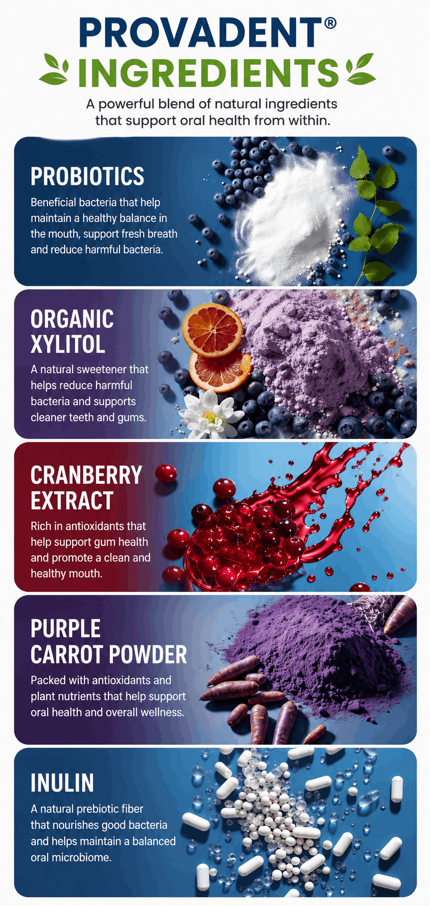 Natural ProvaDent® ingredients including probiotics and cranberry extract