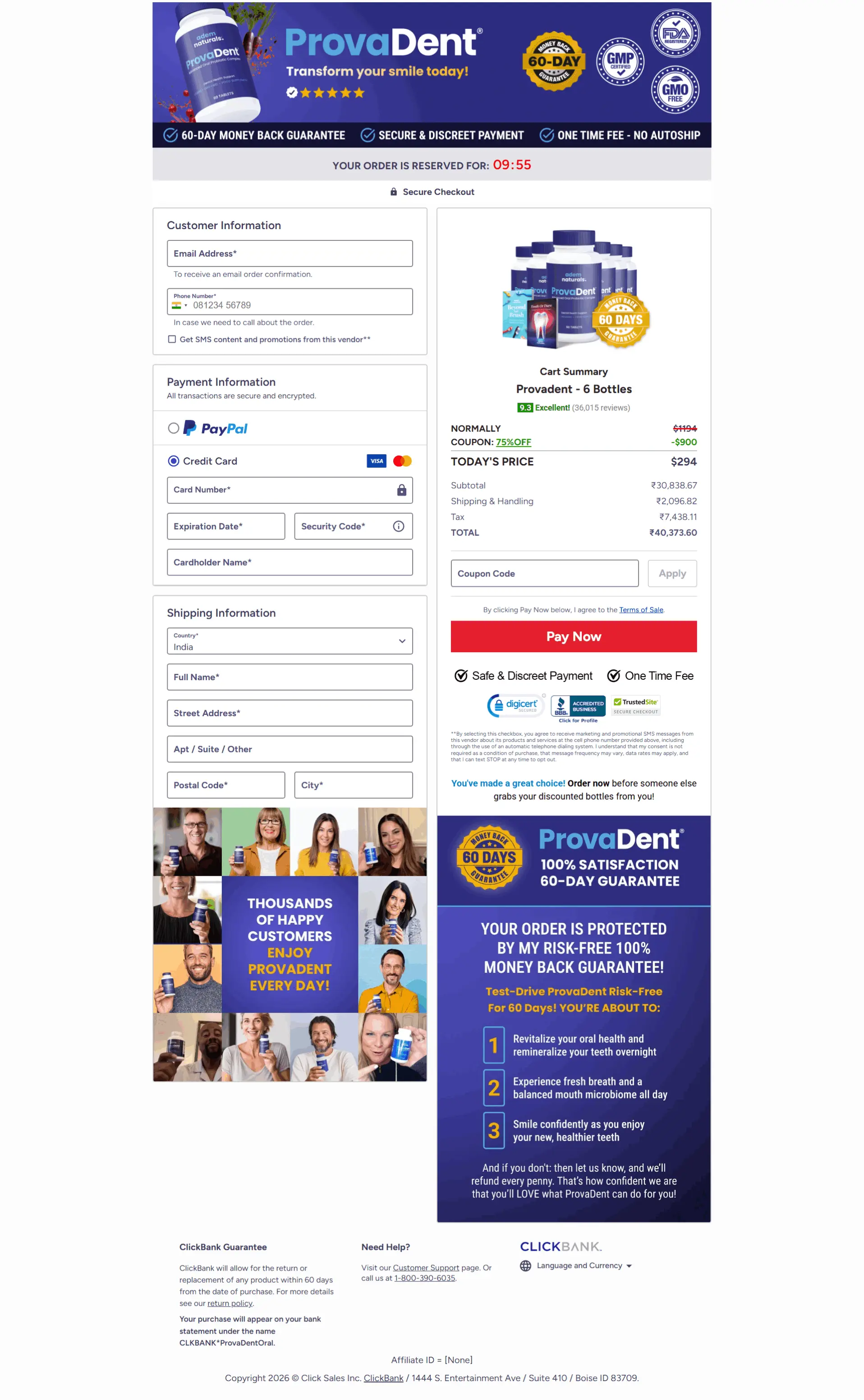 Secure checkout page for ProvaDent® supplement orders
